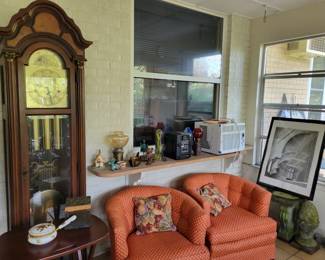 Grandfather Clock, Vintage pub swivel chairs, concrete bench and planters