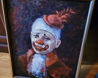Clown oil on canvas, signed Millanne 20" x 15.5", 21"  x17"