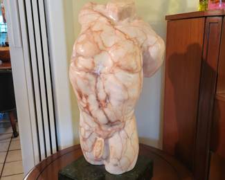 Alabaster with Terra Cotta Veining - Male Torso Sculpture - Artist Diane La Fond Insetta - 24" x 16"