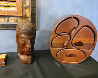 Wooden Sculpture & Judith Gefter Mahogany Box w/Drawers