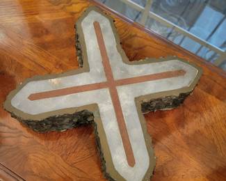 "Sign" Bronze, Bismuth and Steel - Metal Sculpture in the Shape of an X