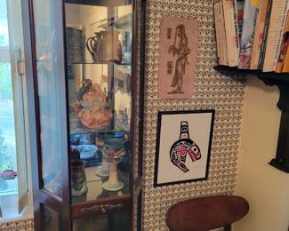 Curio cabinet, mexican etching on leather, Handcrafted pottery by Leo and Karin Villaroman, Sally Douglas Pottery 