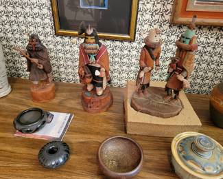 Kachina dolls by Soyok Wuhti by Wayne Siow, R.T. Sawa Tewa, Garcia pueblo pottery and Bernie pueblo, Vincent Sansone pottery