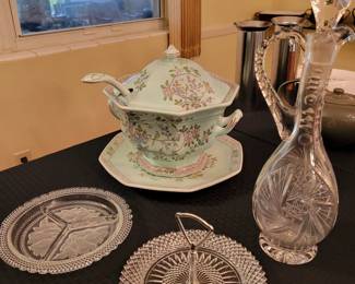 Cut glass decanter, Adams English Ironstone Micratex Tureen