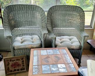 Wicker Wingback Chairs, tile wood end table