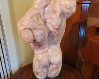 Alabaster with Terra Cotta Veining - Male Torso Nude Sculpture - Artist Diane La Fond Insetta 