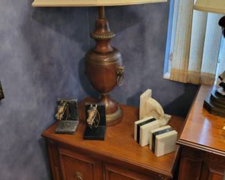 Night Stand, Bronze Lamp, Marble Bookends