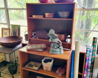 Bookshelves, bronze scupltures, art, carved sign woodwork