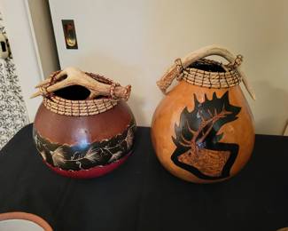  Gourd signed art with leather antler by Linda Vacca - Gourds gone wild