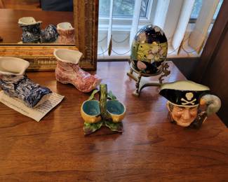 Majolica Double Lemon Salt (1880) France, Staffordshire England Old Foley Boot, Royal Doulton England Long John Silver Toby Jug