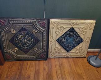 Antique Tin Ceiling Tiles on Wood Signed Art by Nancy & Gary Fobert