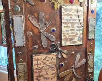 Stained Glass & Copper Foil Artsy Hinged Room Screen - Signed