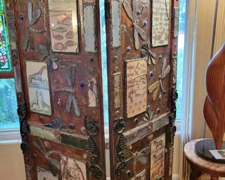 Stained Glass & Copper Foil Artsy Hinged Room Screen - Signed