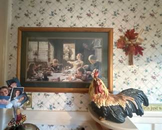 Artwork and rooster trinkets