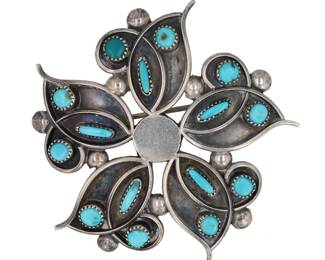 Zuni Needlepoint Turquoise Sterling Flower Brooch