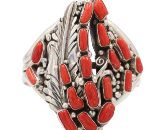Robert Kelley Navajo Incredible Big Coral Cluster Cuff Sterling Bracelet