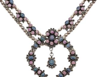 Amazing! Signed Zuni Rose Quartz Opal Sterling Squash Blossom Necklace