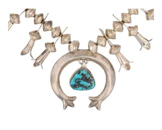 Navajo Turquoise Sand Cast Sterling Squash Blossom Necklace