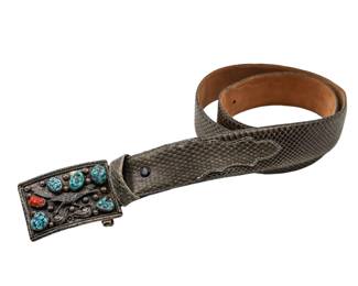 Navajo Sterling Turquoise Roadrunner Buckle on Silver Creek Collection Snakeskin Belt
