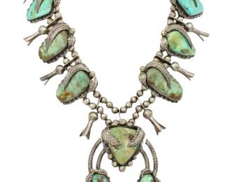 HUGE 425g Signed Navajo Turquoise Chunk Sterling Squash Blossom Necklace