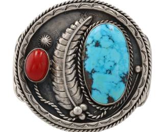 Large Navajo Turquoise Coral Sterling Stamp Work Cuff Bracelet