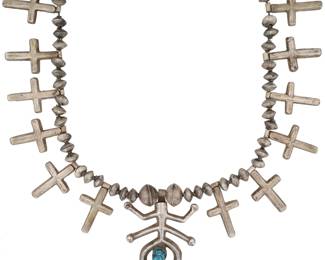 Late 1800s Antique Navajo Hand Wrought Sterling Turquoise Squash Blossom Necklace