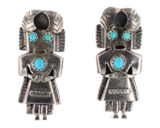 Signed Vintage Navajo Snake Eye Turquoise Sterling Kachina Doll Earrings