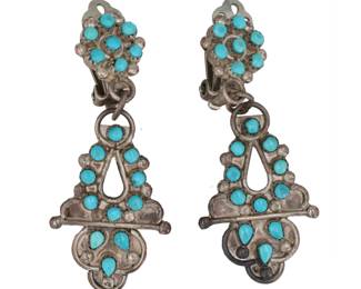 Zuni Snake Eye Petit Point Turquoise Sterling Dangle Earrings