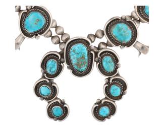 Huge Navajo Turquoise Sterling Bead Squash Blossom Necklace
