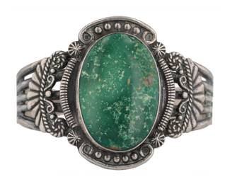 Early Navajo Nickel Silver Green Turquoise Cuff Bracelet