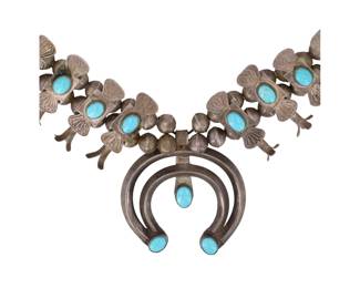 Vintage Navajo Turquoise Sterling Box Bow Squash Blossom Necklace