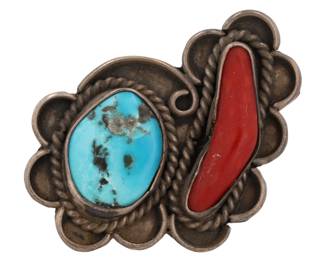 Signed WY Navajo Turquoise Coral Sterling Ring Sz. 6