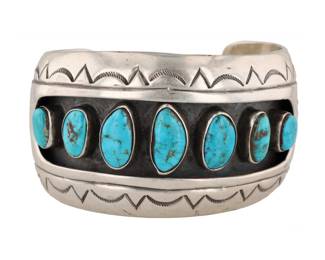 Signed CL Navajo Turquoise Sterling Shadow Box Cuff Bracelet