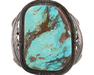 Signed EA Navajo Huge Chunk Royston Turquoise Sterling Leaf Cuff Bracelet
