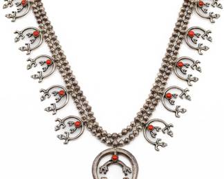 Navajo Coral Sandcast Sterling Squash Blossom Necklace