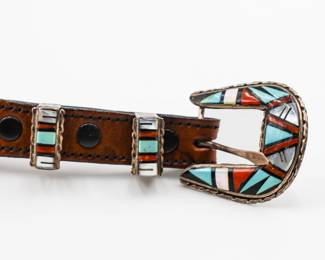 John & Rosalie Bowannie Zuni Multi Stone Sterling Inlay Leather Belt Set