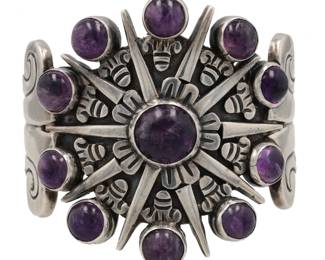 Signed Huge Spratling Era Vintage Mexico Amethyst Sterling Cuff Bracelet