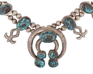 Old Pawn HUGE Navajo Morenci Turquoise Sandcast Sterling Squash Blossom Necklace