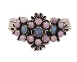 Signed Zuni Rose Quartz Opal Sterling Cuff Bracelet