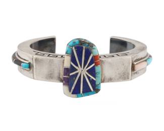 Abraham Begay Navajo Multi Stone Raised Inlay Sterling Cuff Bracelet