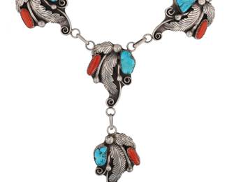 Phil Chapo Navajo Kingman Turquoise High Grade Coral Sterling Leaf Station Necklace