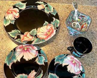 FITZ FLOYD Black Hummingbird Porcelain Set Gold Trim Japan