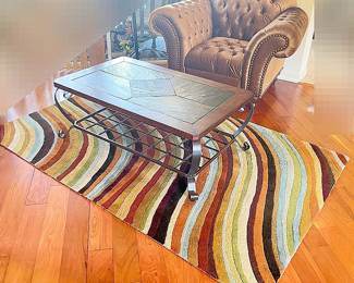 Chesterfield Tuffed XL Chair, Area Rug, Coffee Table More