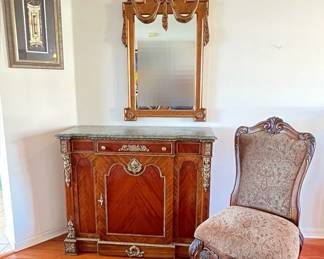 French Style Green Marble Top Cabinet, Vintage Jewish Framed Art Mirror