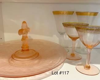 Pink Glass Plate Pink W Gold Trim Glasses