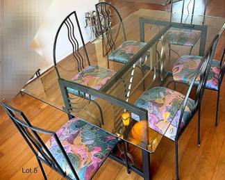 MCM Wrought Iron Glass Table Top 6 Chairs