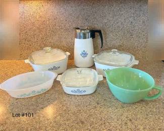 Green Fire King, Corning Ware Corn Flower Patter Pitcher Dish Set