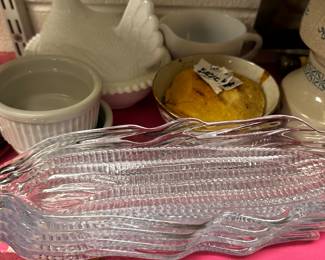 Corn on the cob plates, misc glassware
