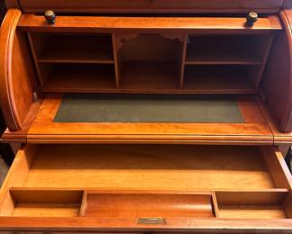 Lot 125- $600 - Antique 1800s Eastlake Victorian cylinder roll top desk. Completely stripped and refinished in 2005 for $445.   Measurements.  27”w 19”d 47”h  29”h writing surface.  Beautiful piece. 