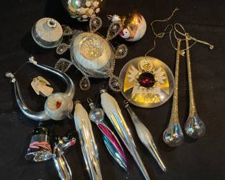 Vintage West German Ornaments : A RESL LENZ Angel, Glass Lyre W/ Paper Angel & More